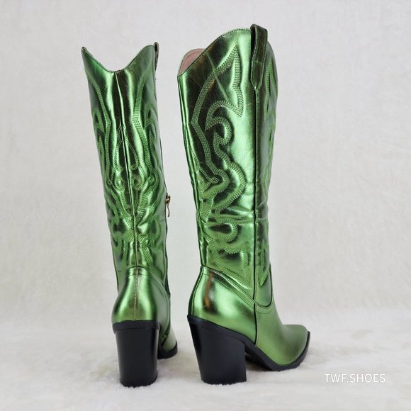 Electric Cowboy Brush Metallic Matte Western Knee High Cowgirl Boots Green - Picture 6 of 11
